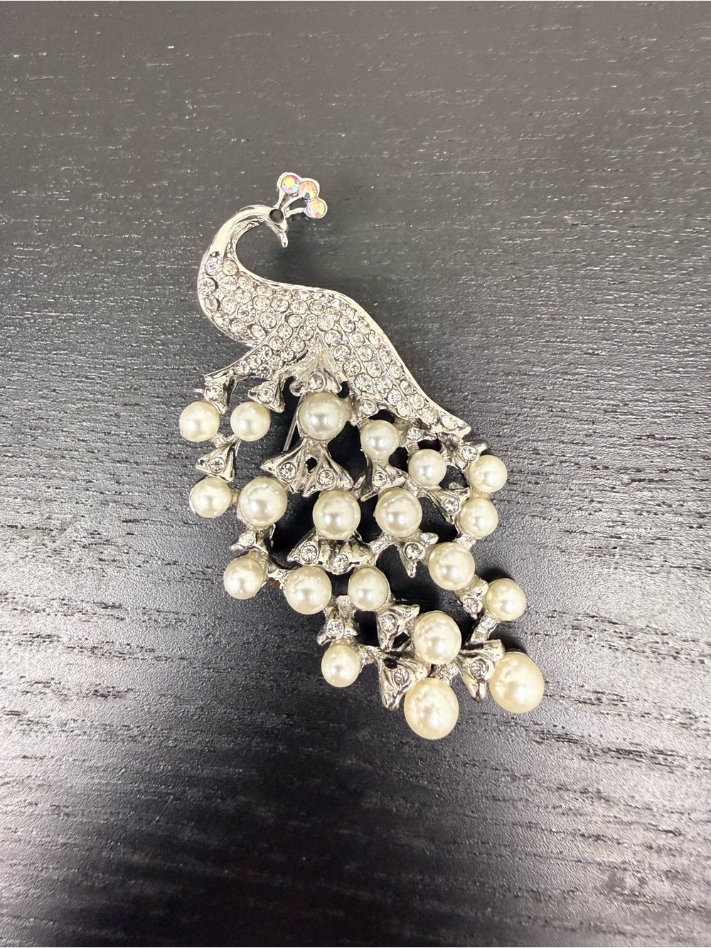 Pearl and Crystal Peacock Brooch - Silver Tone